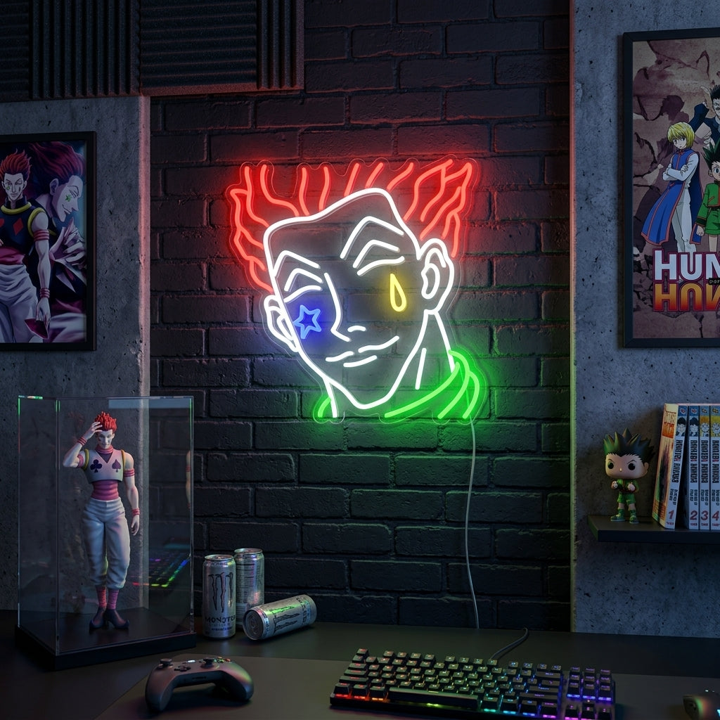 Illuminated Hisoka neon sign mounted on a textured wall in a modern room setting.