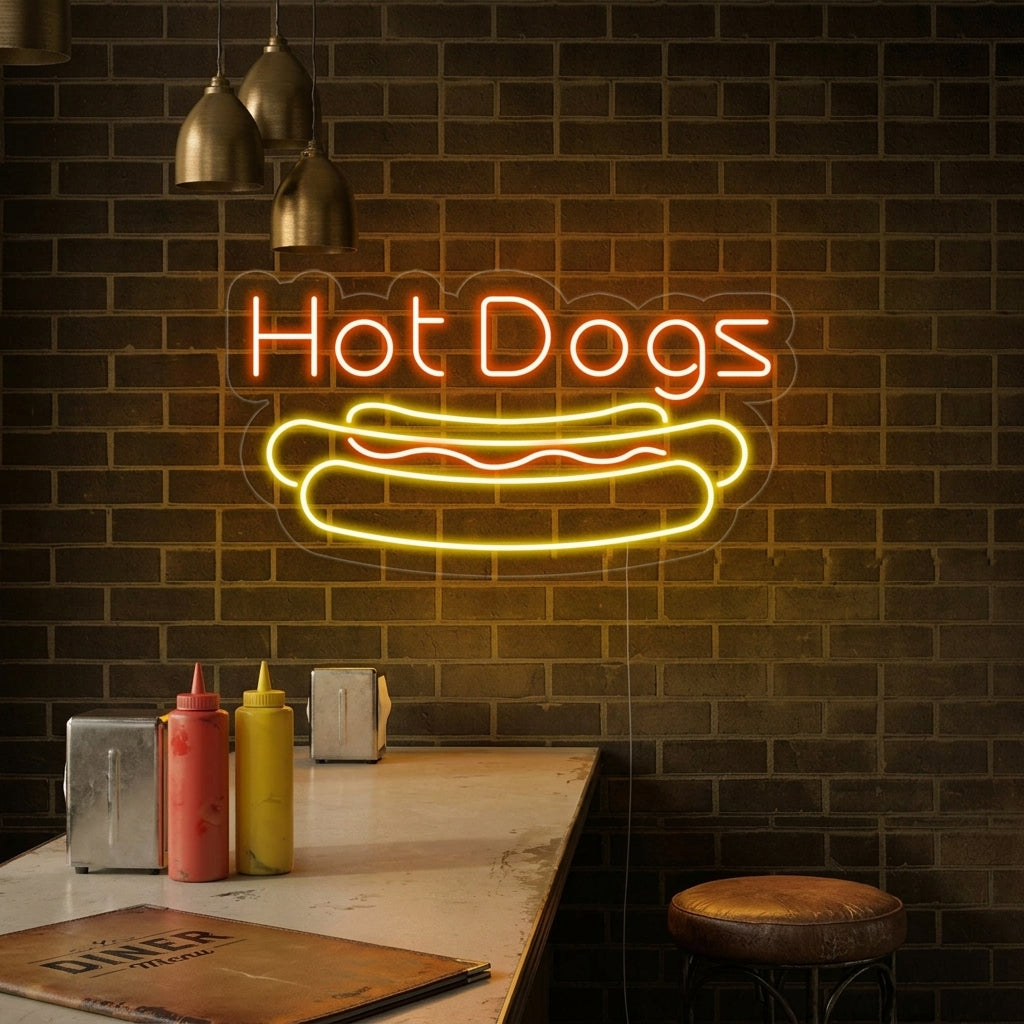 A vibrant 'HOT DOGS' neon sign glowing on a brick wall inside a dimly lit retro diner-style restaurant setting.