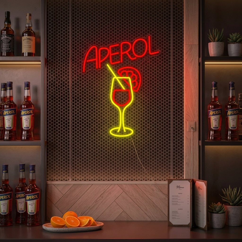 Aperol Bar neon sign glowing brightly on an exposed brick wall, creating a warm ambiance in a stylish home bar setting with bottles and cocktail tools in the foreground.