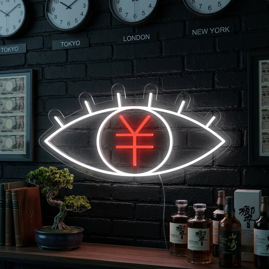 A glowing 'Japanese Yen Symbol and Eye' neon sign hanging above a modern office desk setup, illuminating the room with a warm light.