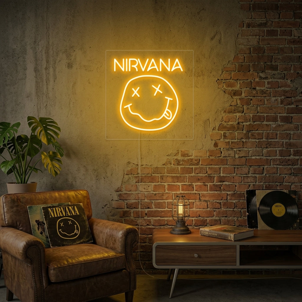 Vibrant Nirvana neon sign illuminating a dark room, featuring the band name in glowing capital letters on a clear backing.