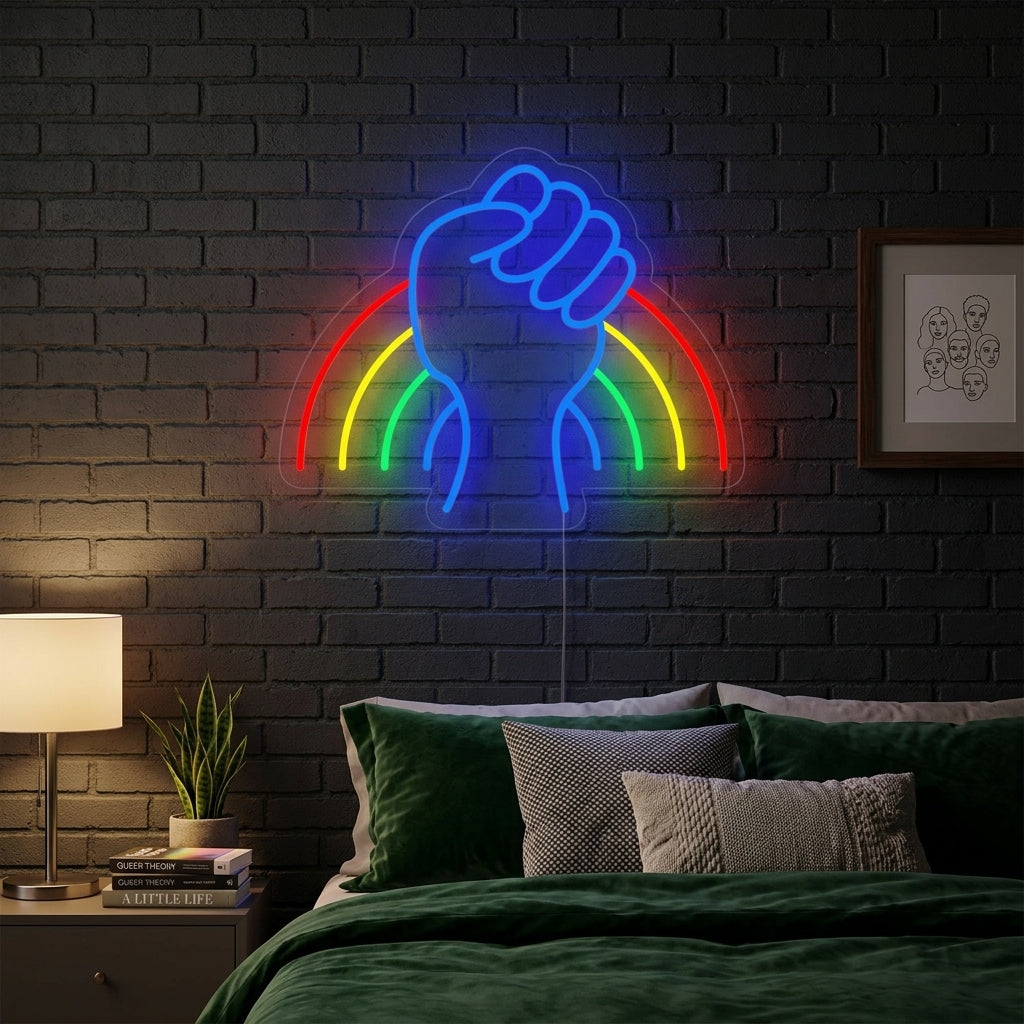 A vibrant 'LGBT Power Rainbow' neon sign illuminating a modern bedroom, casting colorful reflections on the wall and bedding.