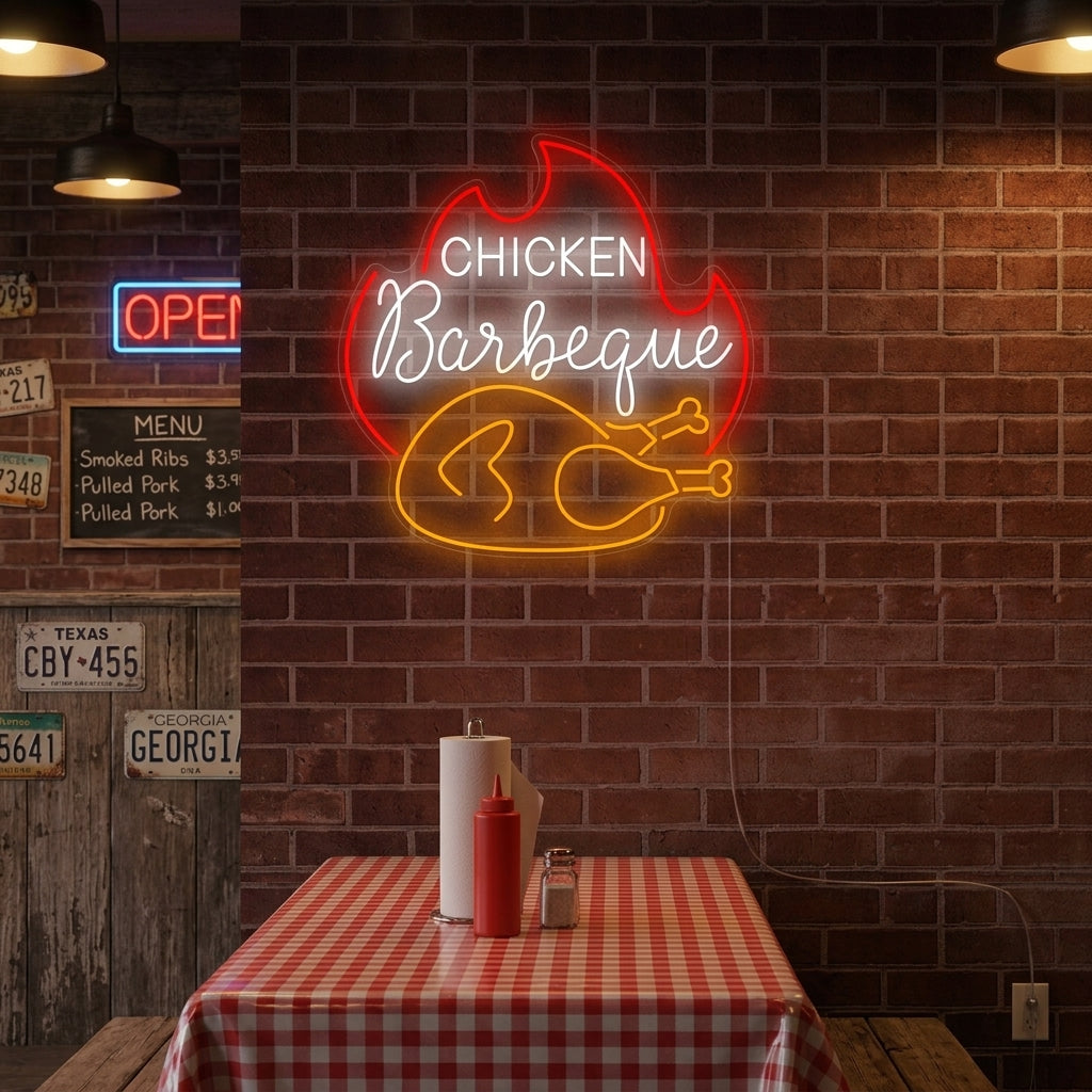 A vibrant 'Chicken Barbecue' neon sign glowing brightly on a brick wall above a grilling station, featuring a detailed orange chicken icon.