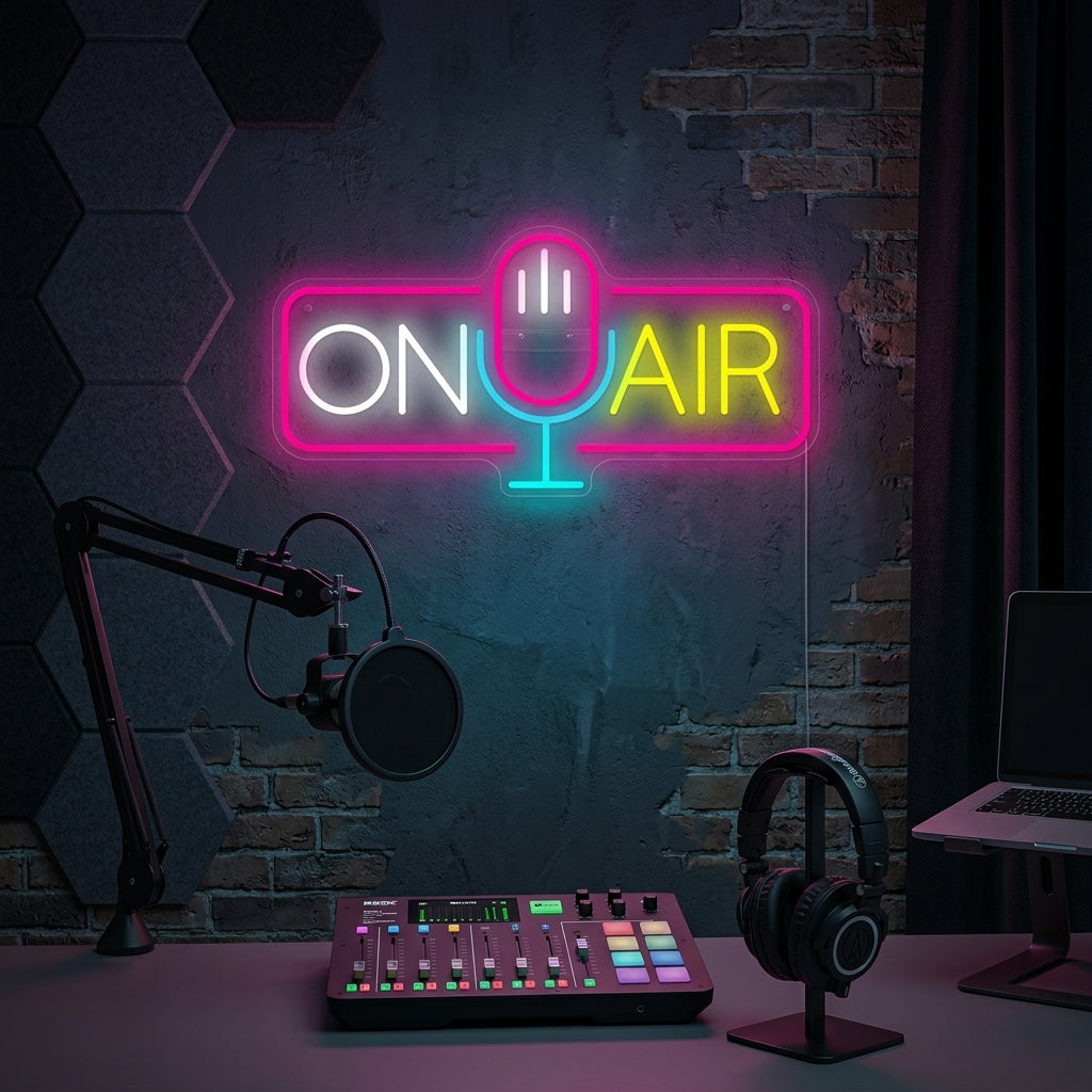 A lifestyle photo showing the illuminated "On Air" neon sign displayed on a studio wall.