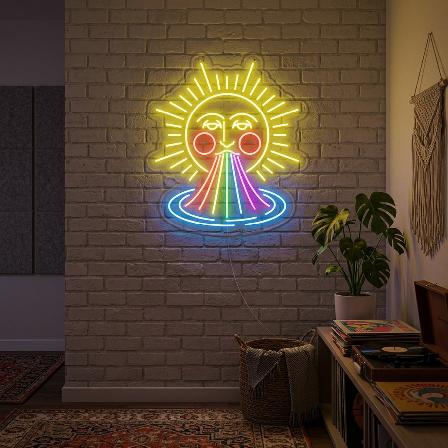 Stylized rainbow sun design neon sign glowing warmly with orange, pink, yellow, and blue arcs, mounted on a rustic wooden wall above cozy bedroom decor.