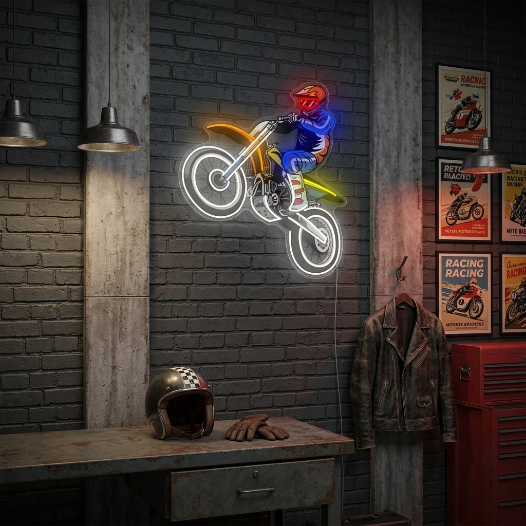 A glowing blue and orange neon sign of a motocross rider jumping, mounted on a rustic wood plank wall above a workshop bench with tools.