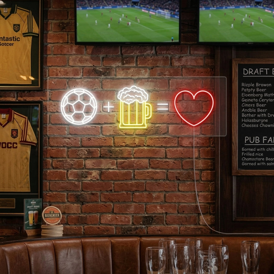 "Football Beer Love" luminous sign displayed in a vibrant lifestyle setting, casting light in a social area.