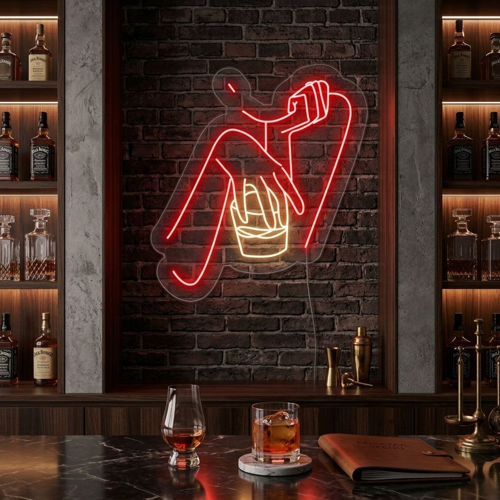 Illuminated 'Whiskey Woman Bar' neon sign glowing red on a rustic brick wall in a cozy bar setting.