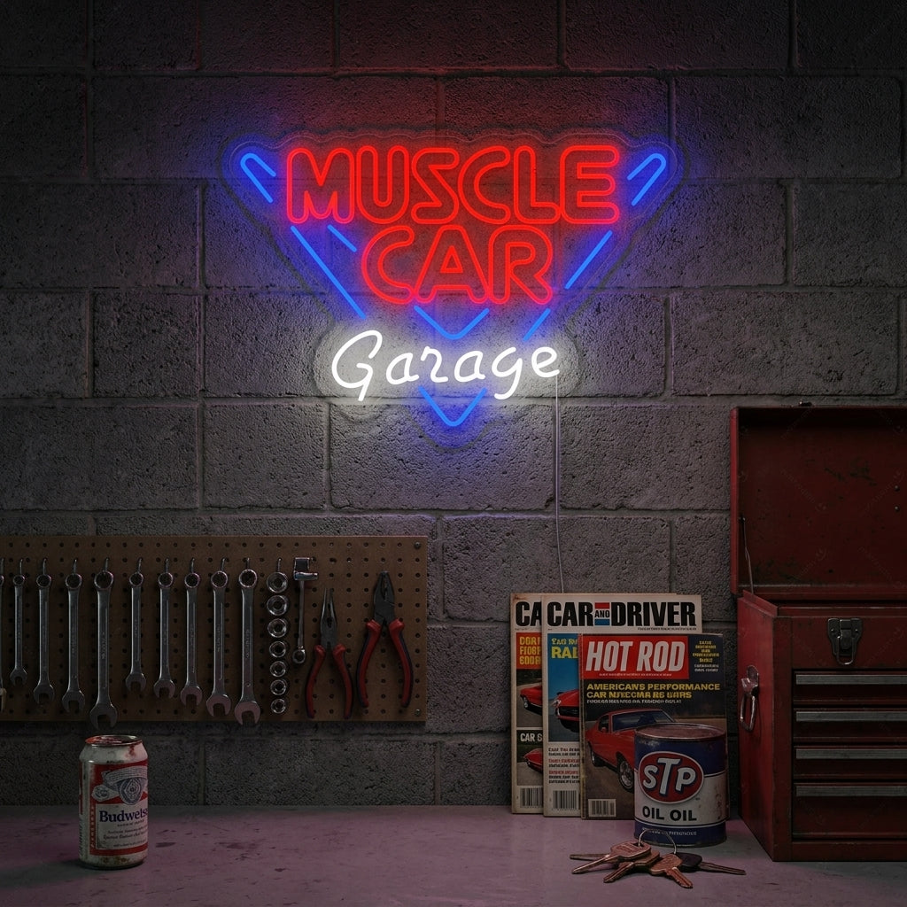 A vibrant 'Muscle Car Garage' neon sign glowing red and blue above a classic car in a well-equipped garage setting.