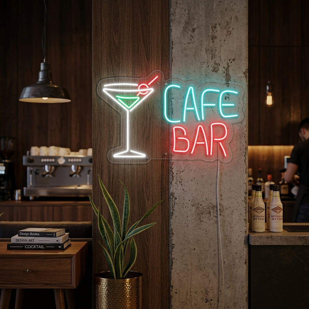 A vibrant 'Cafe Cocktails Bar' neon sign in a lively evening bar setting, mounted above a counter with drinks, showcasing its capability to enhance a sophisticated and warm atmosphere for patrons.