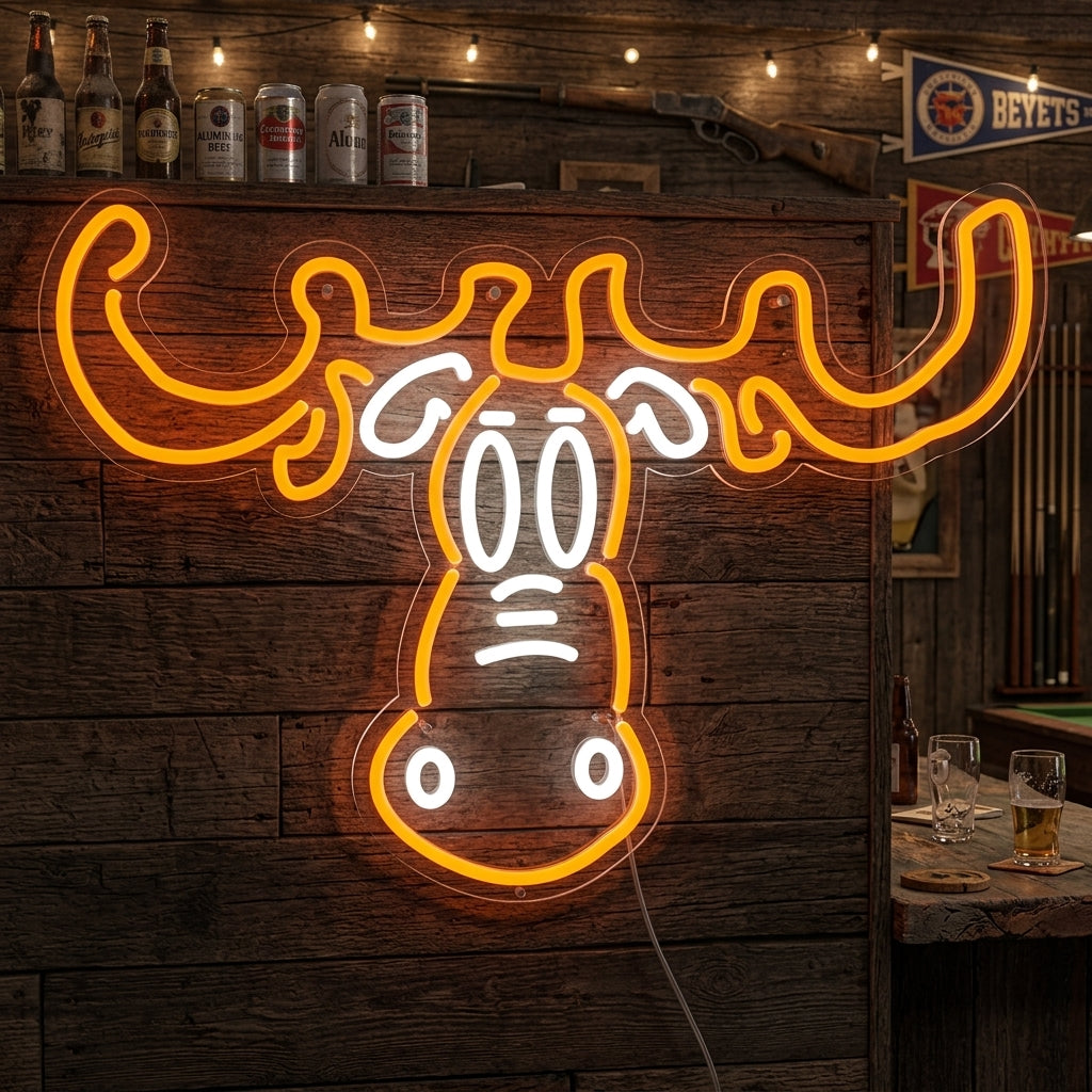 A glowing Moosehead beer neon sign displayed in a dimly lit bar setting, showcasing the iconic green and red moose design.