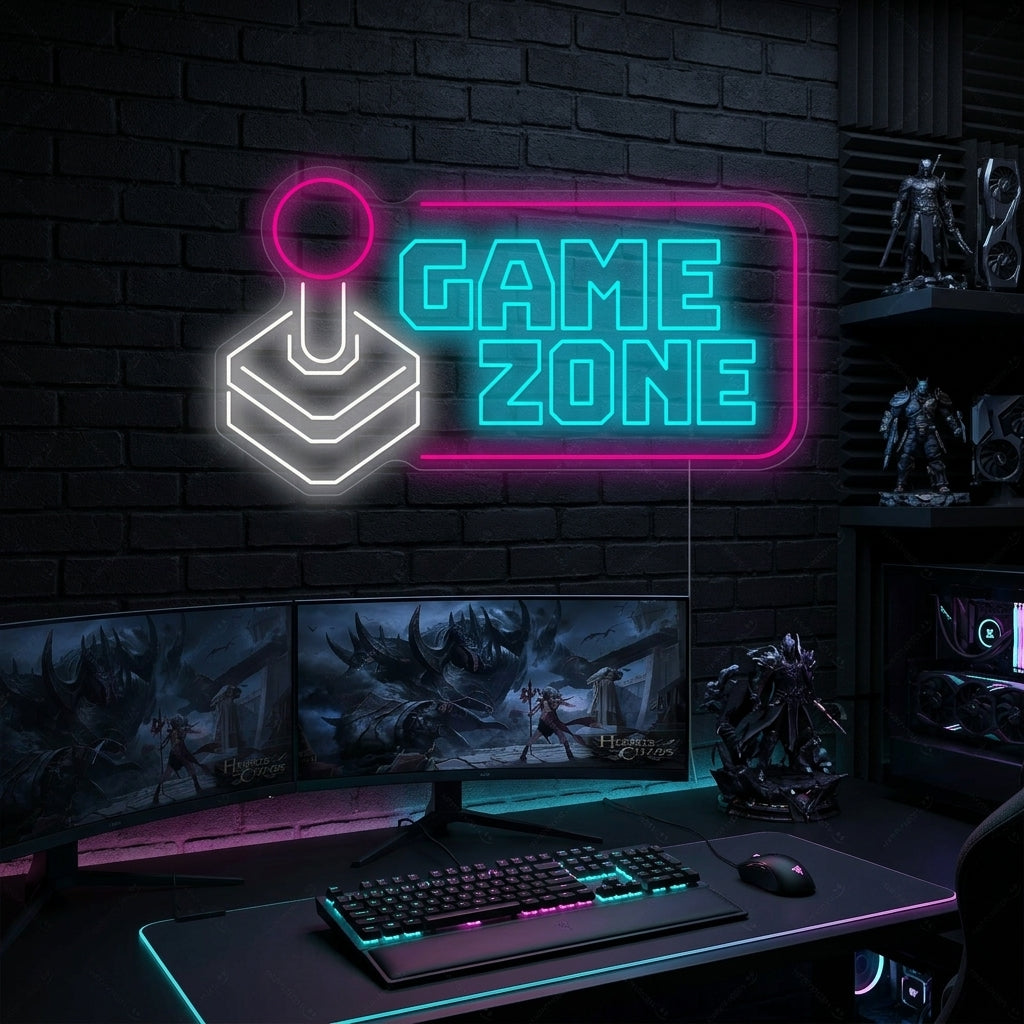 A vibrant 'Game Zone' neon sign glowing with colorful text and gaming icons, mounted on a rustic wooden wall above a modern gaming desk setup.