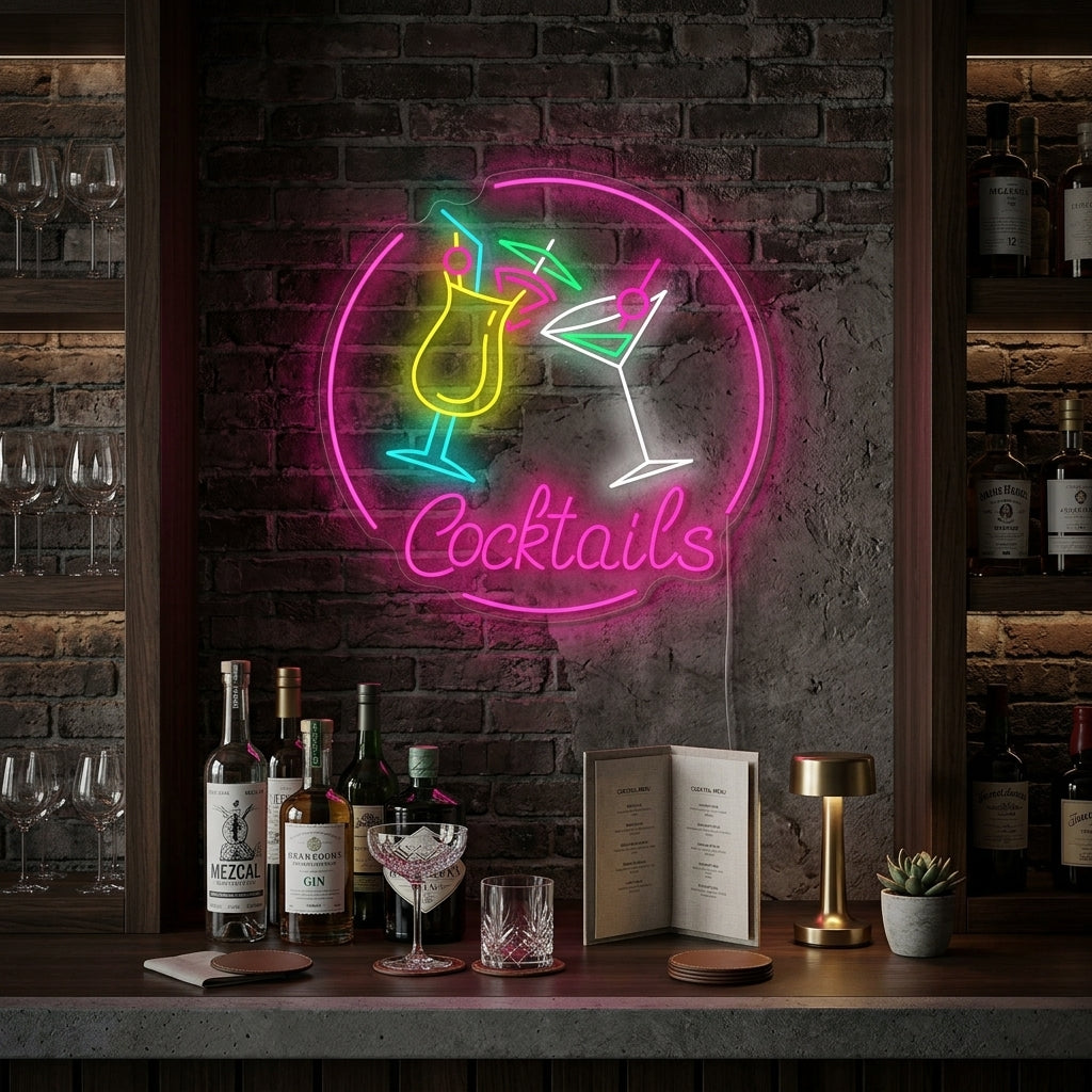 A glowing pink 'Cocktails' neon sign mounted on a dark brick wall in a rustic, modern bar setting, positioned above glass shelves stocked with liquor bottles and a stack of books.