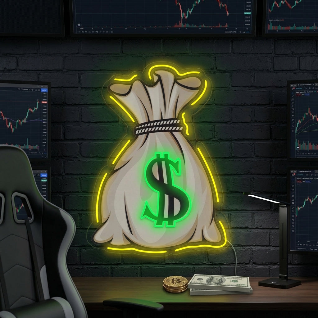 Money Bag UV Print neon sign glowing with dollar sign graphic and orange/green tubing on a wall.
