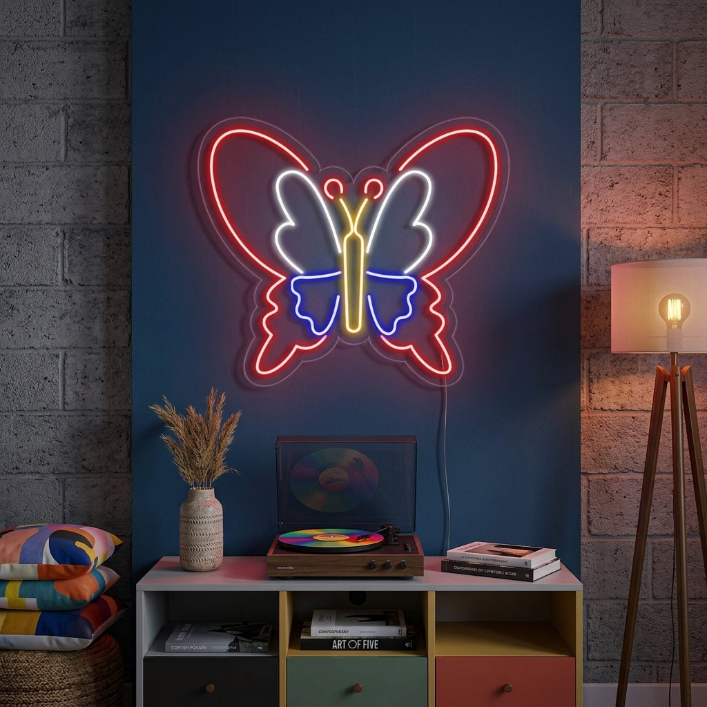 A vibrant butterfly neon sign glowing on a textured wall in a modern bedroom setting.
