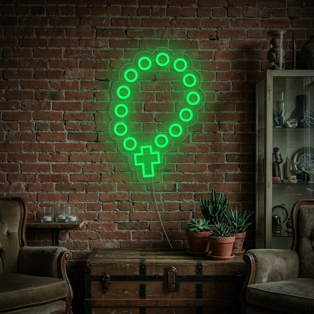 A lifestyle photo showing the illuminated 'Rosary Beads' neon sign glowing softly on a wall in a contemporary living space.
