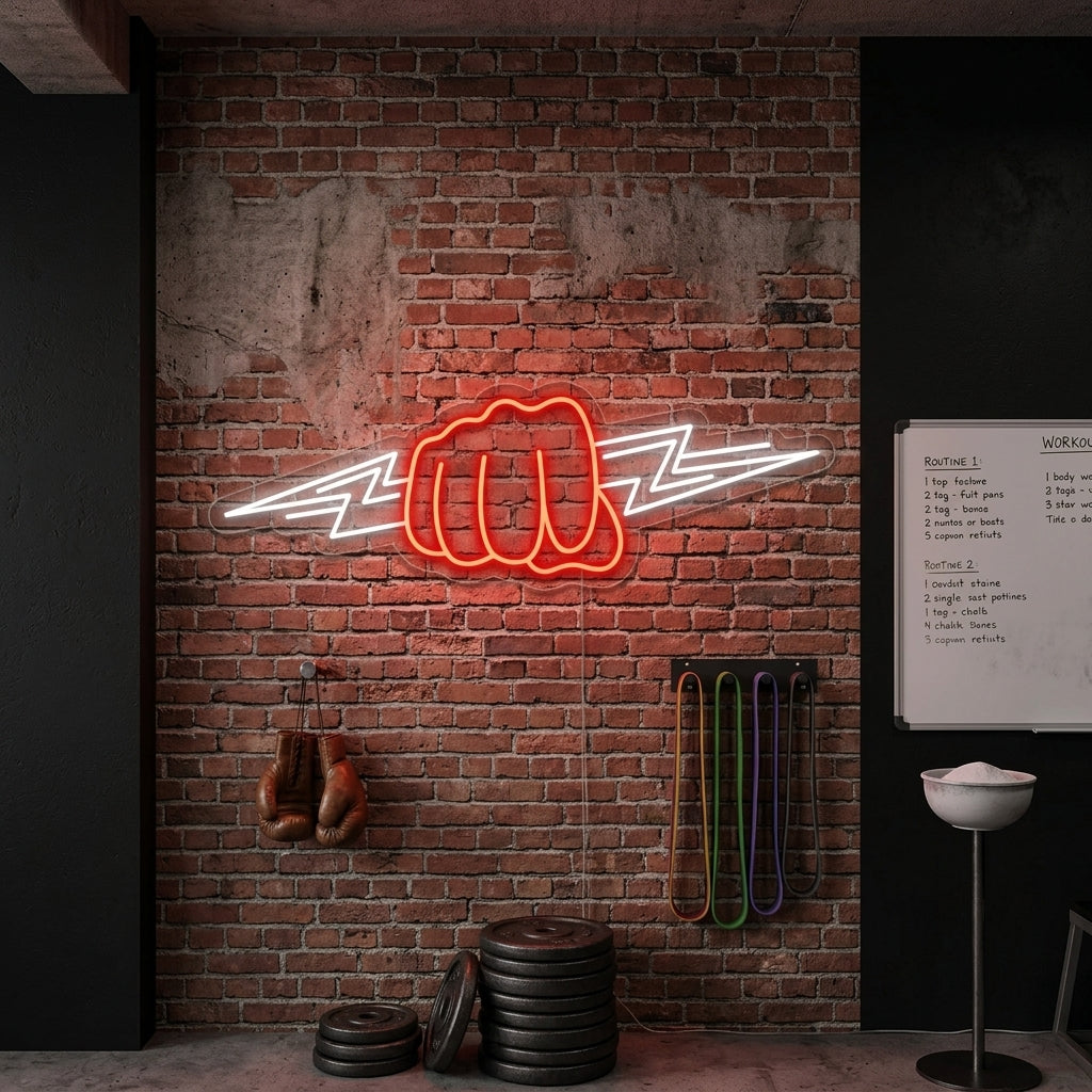 A glowing fist and lightning neon sign mounted on a dark brick wall above equipment in a professional gym, casting a vibrant blue light.