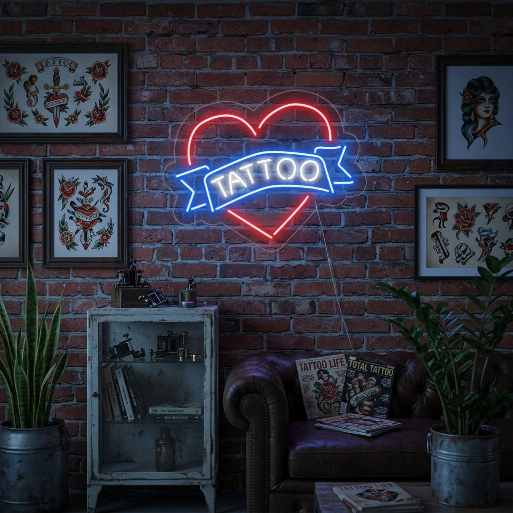 Vibrant pink and blue neon sign depicting a heart with artistic tattoo scroll elements, mounted on a rustic wood wall in a creative workspace.