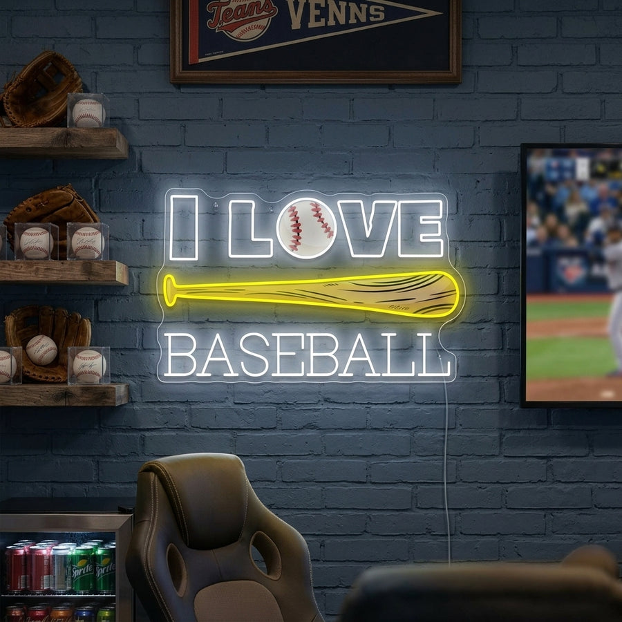 A vibrant 'I Love Baseball' neon sign glowing on a brick wall, featuring glowing white text paired with red and white baseball details.