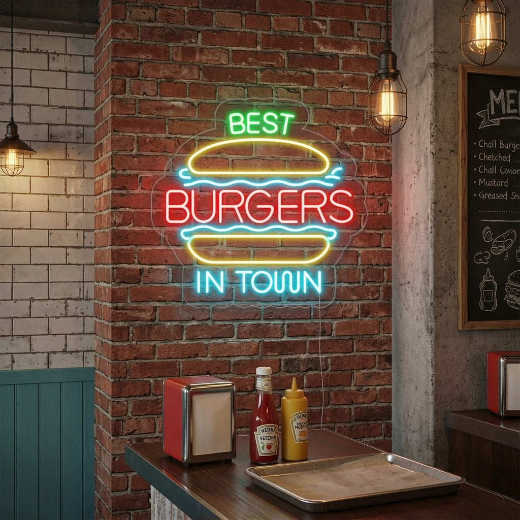 Vibrant 'Best Burgers in Town' neon sign with hamburger icon, glowing warmly on an exposed brick wall above a cozy restaurant booth, creating an inviting atmosphere.