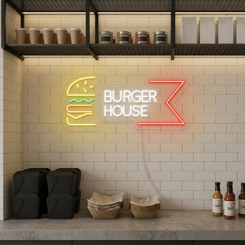 A glowing 'Burger House' neon sign with a hamburger design, mounted on a rustic wooden wall inside a restaurant or diner, creating a warm ambiance.