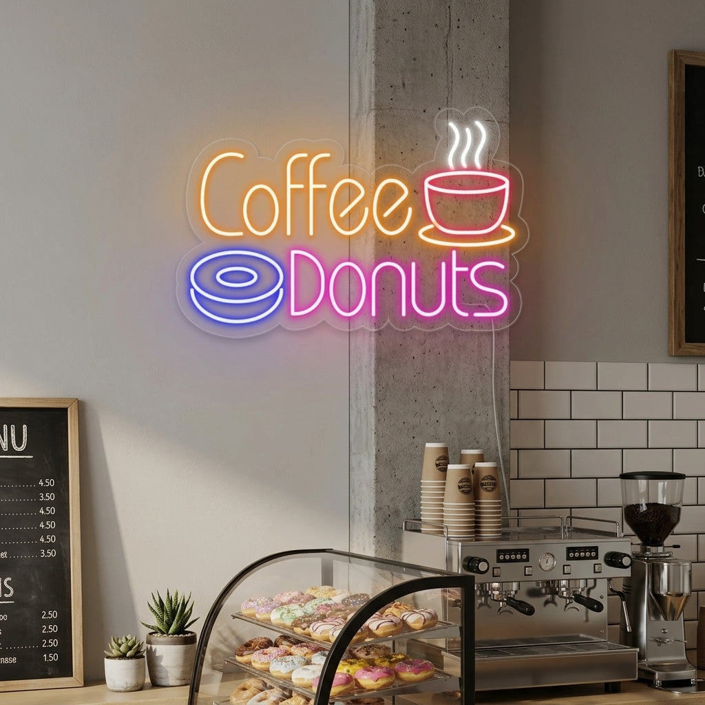 A bright, stylized glowing neon sign showing a pink donut and a warm, glowing coffee cup with steam.
