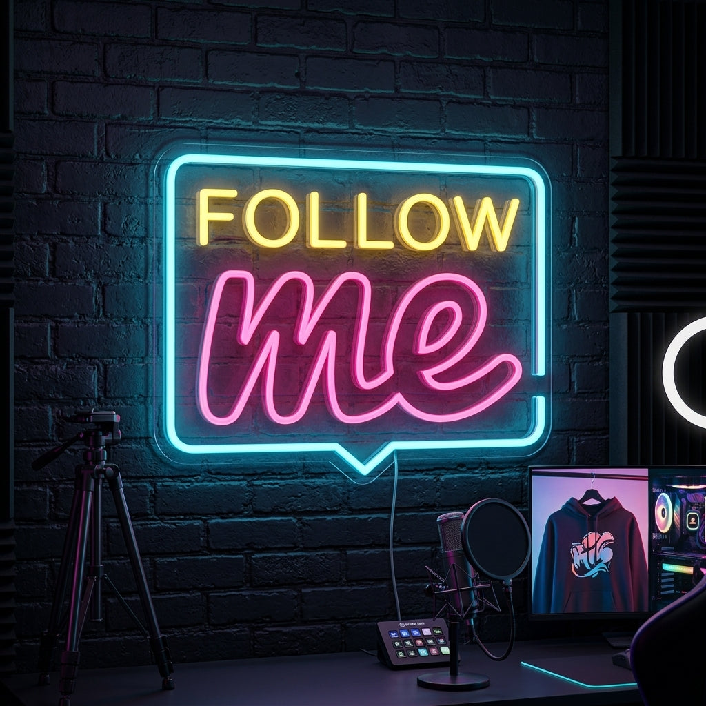 "Follow Me" neon sign glowing vibrantly in a chic room.
