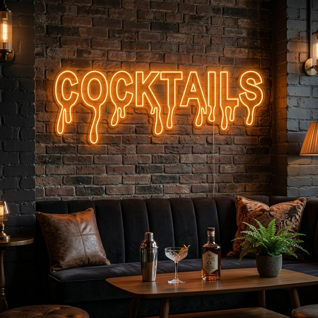 A vibrant 'Cocktails' neon sign glowing brightly above a fully stocked home bar with glassware and bottles