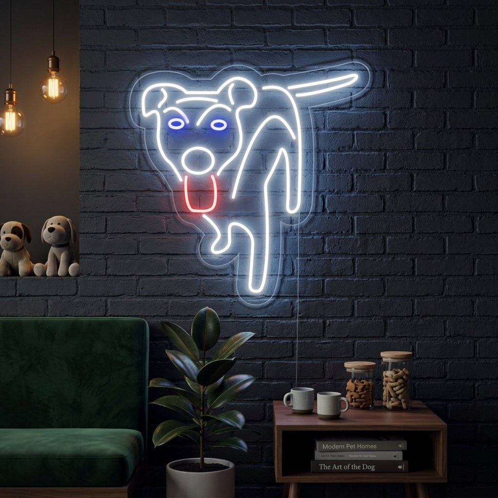 A vibrant neon sign depicting a friendly dog with perked ears and a wagging tail, mounted on a rustic wooden plank wall above a shelf with plants and framed pictures in a cozy living room setting.
