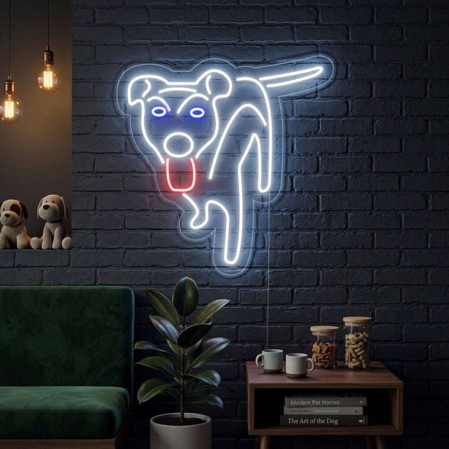 A vibrant neon sign depicting a friendly dog with perked ears and a wagging tail, mounted on a rustic wooden plank wall above a shelf with plants and framed pictures in a cozy living room setting.