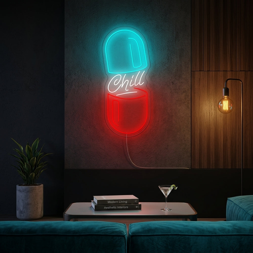 A vibrant 'Chill Pill' neon sign glowing in a relaxing bedroom setting above the bed, creating a calming atmosphere.