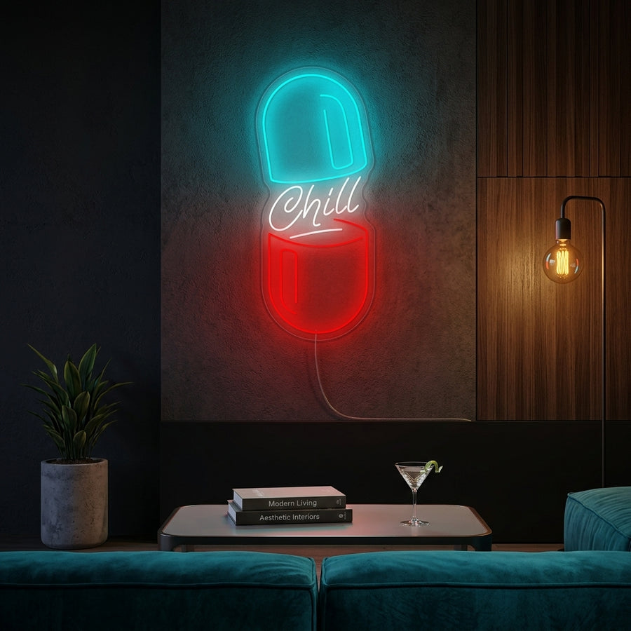 A vibrant 'Chill Pill' neon sign glowing in a relaxing bedroom setting above the bed, creating a calming atmosphere.