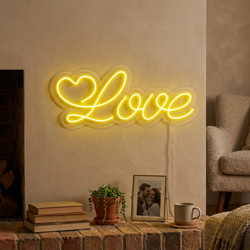 Handcrafted cursive "Love" word neon sign glowing on a textured brick wall in a cozy living room setting.