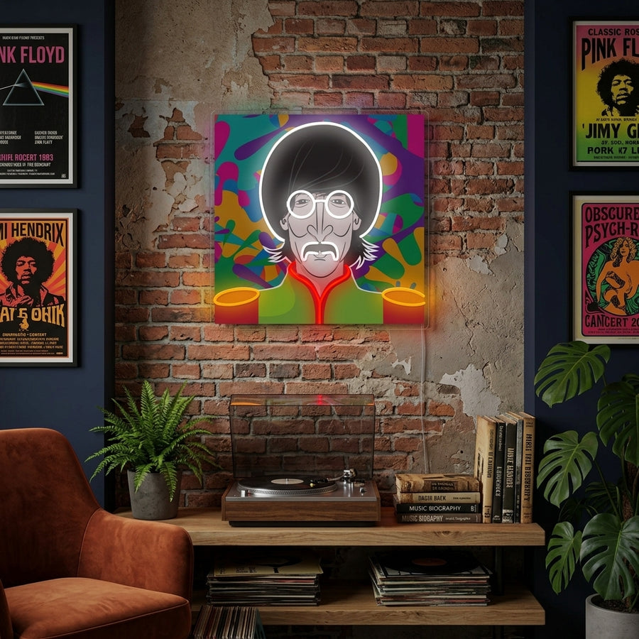 A glowing 'Lennon' neon sign featuring a portrait of John Lennon, displayed on a textured room wall, casting a warm light.