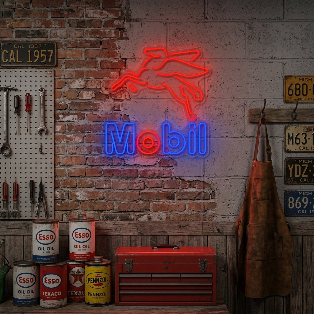 Lifestyle view of a lit Mobil Oil Gas neon sign displaying the vintage Pegasus logo in a garage setting.