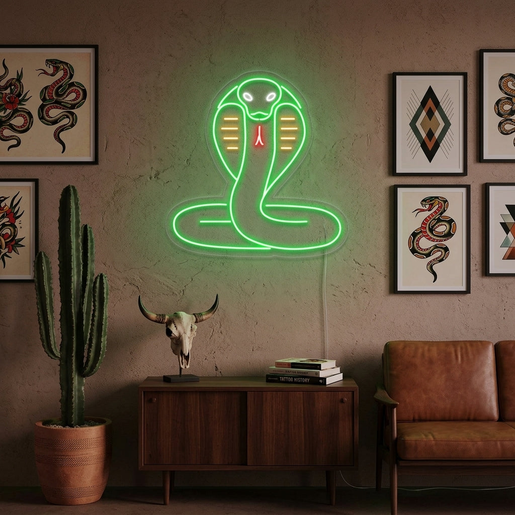 A close-up photograph showing the intense glow of the Cobra Snake neon sign mounted on a textured brick wall in a dimly lit bar.
