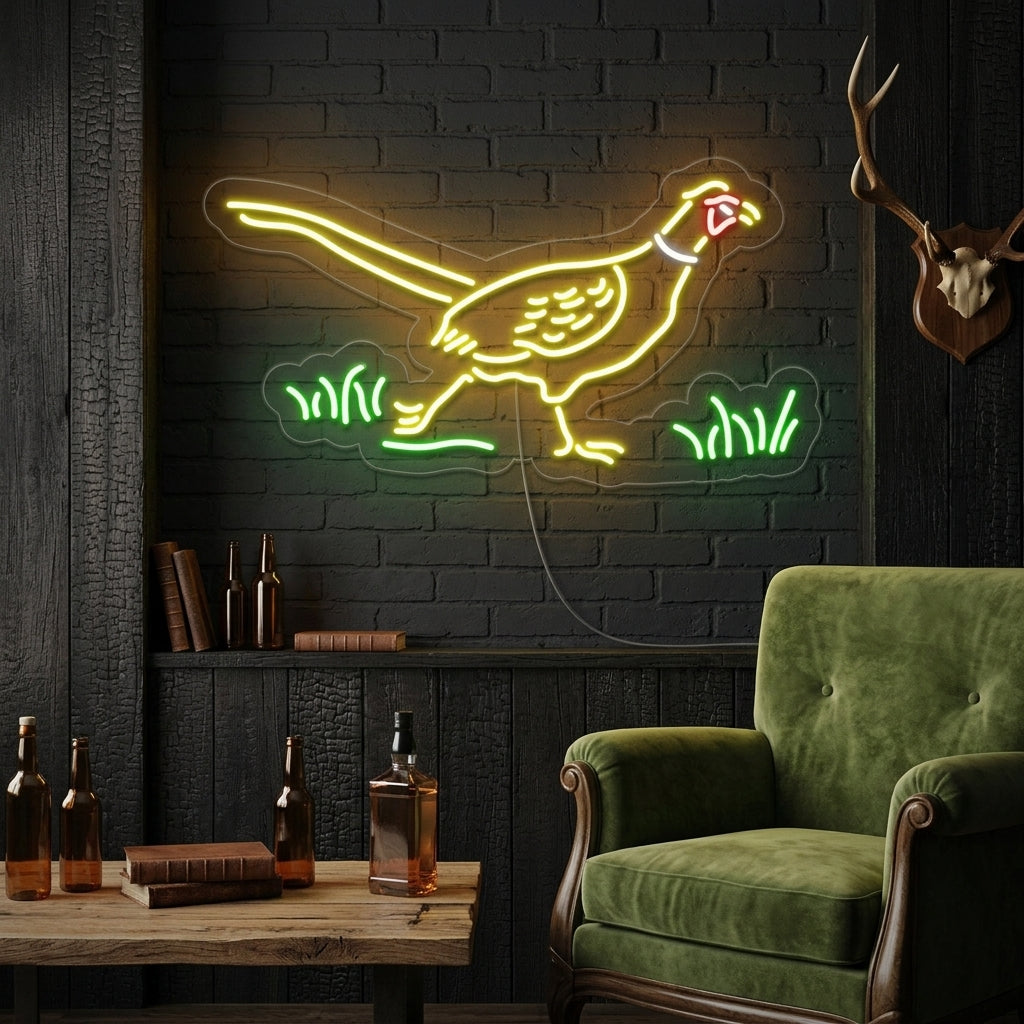 A glowing neon sign depicting a pheasant in flight above a couch in a cozy, rustic living room.