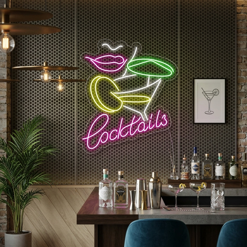 A stylish gin and tonic cocktail bar neon sign glowing on a textured wall in a modern lounge setting.