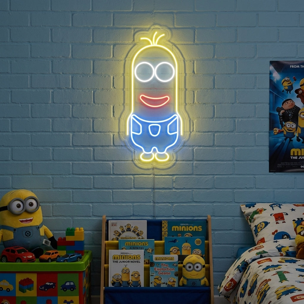 Vibrant Minion character neon sign glowing in a playful, cartoonish style.