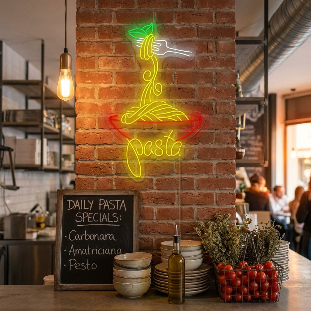 Hand holding a lit "Italian Pasta" neon sign featuring a bowl and fork icon over a clean kitchen countertop.