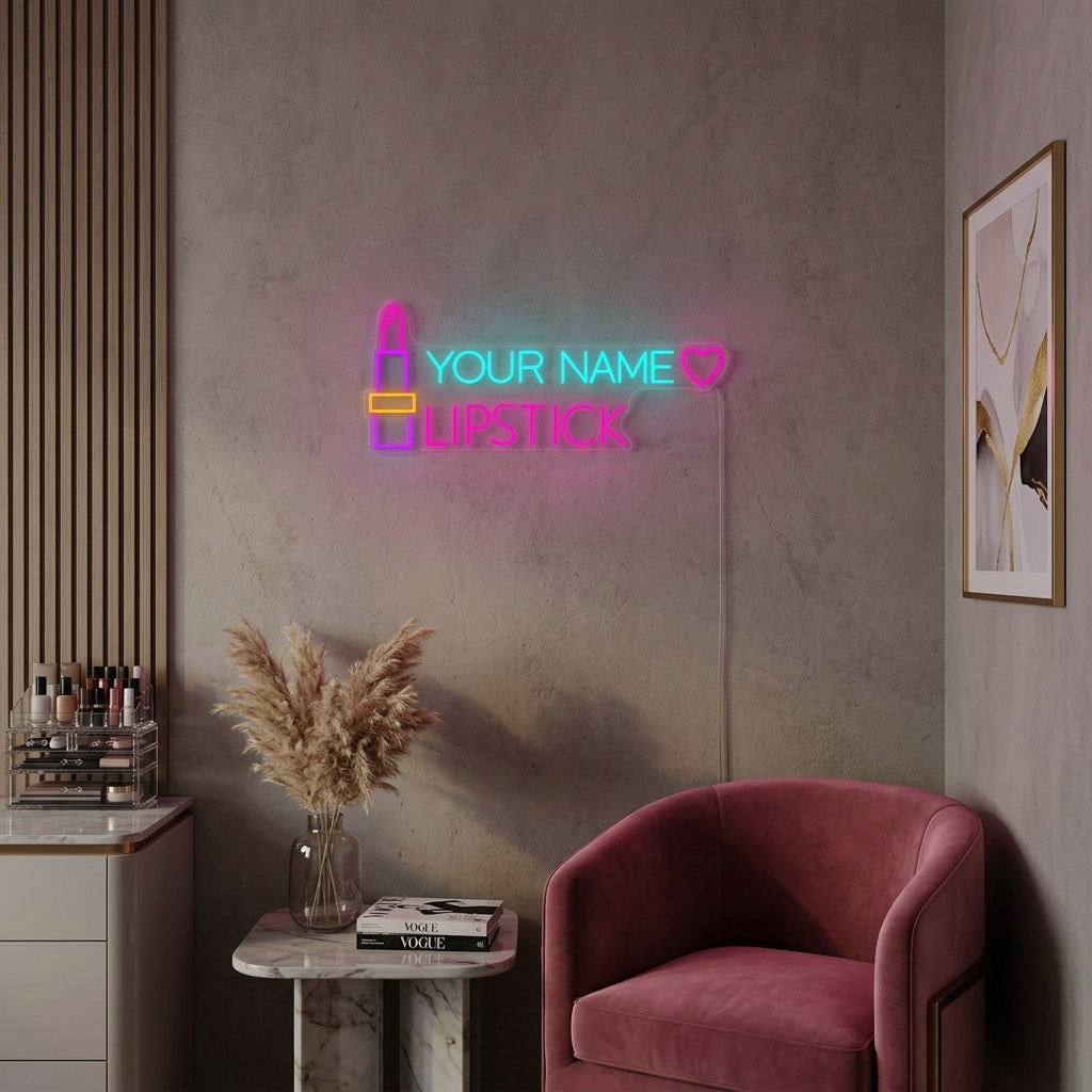 Custom text lipstick neon sign glowing in a beauty space above a makeup vanity.