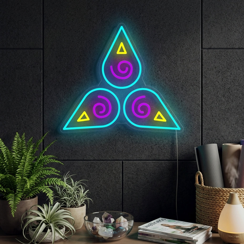 A hand-crafted "Spiritual" neon sign glows with warm light in a tranquil, decorated room, enhancing the peaceful mood of the meditation corner.
