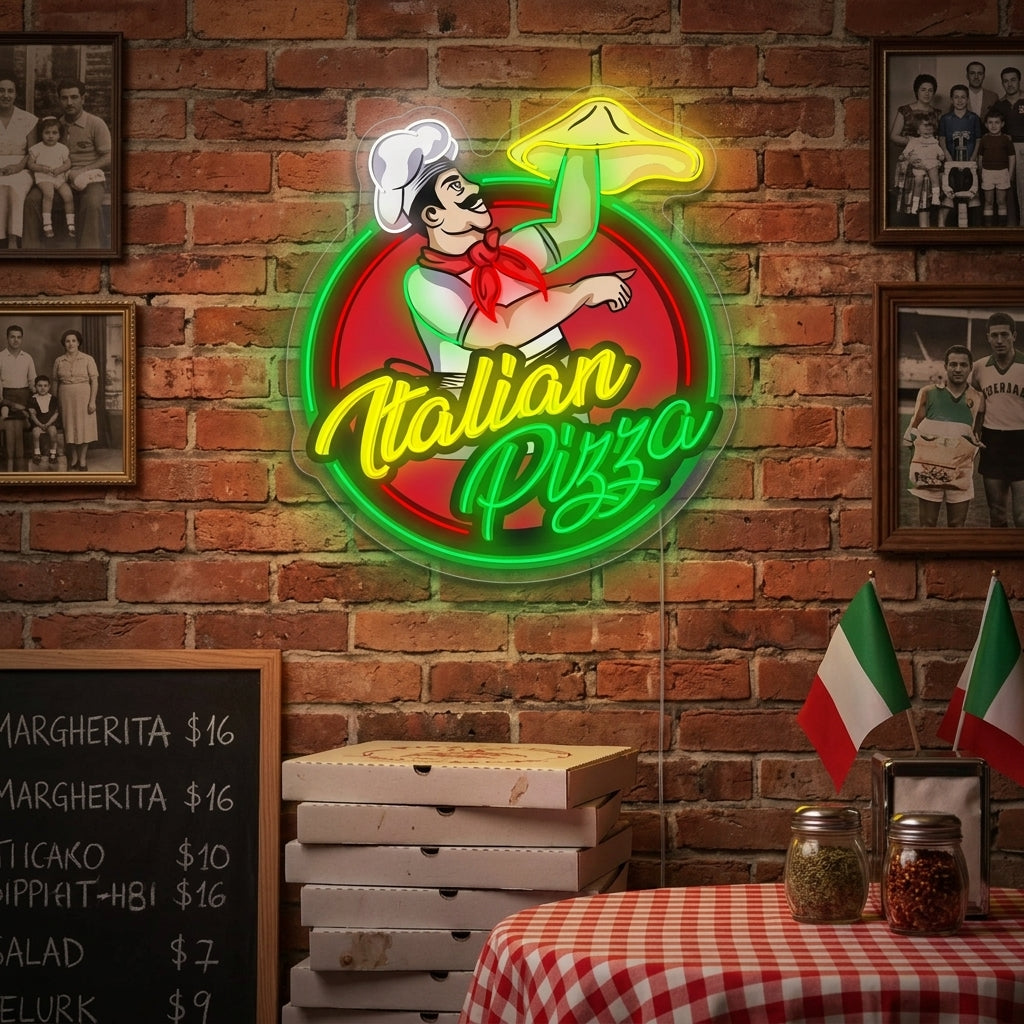 Italian Pizza neon sign glowing red, white, and yellow against a rustic brick wall above a cozy pizzeria booth and fresh pizza.