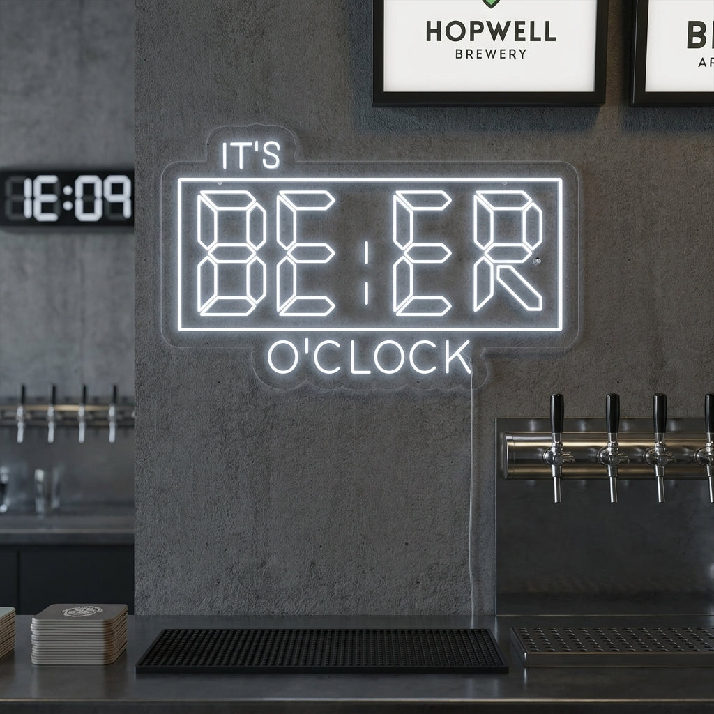 It's Beer O'Clock Bar neon sign, stylized with a martini glass, illuminated in red and yellow above a dark bar with beers.