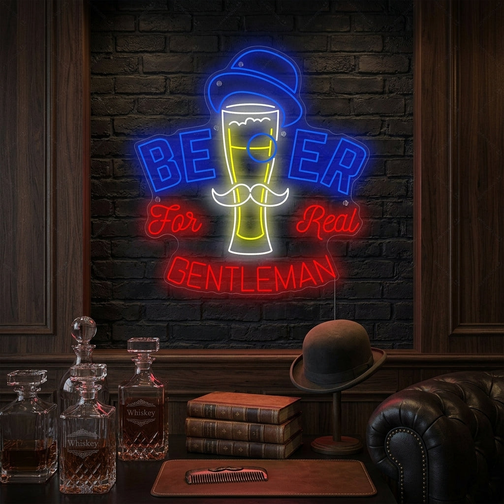 A glowing blue 'Beer For Gentleman' neon sign with text and a stylized beer mug on a wall in a bar setting.