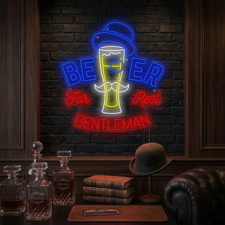 A glowing blue 'Beer For Gentleman' neon sign with text and a stylized beer mug on a wall in a bar setting.