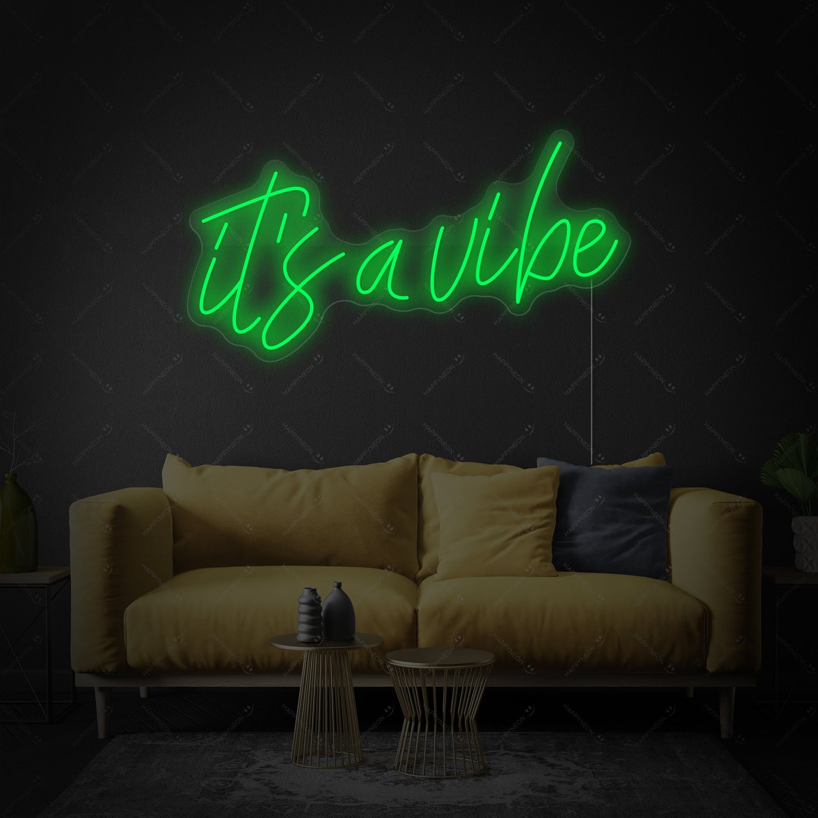 A product shot of the 'It's a Vibe' neon sign, showing the clear acrylic backing and power cord details.