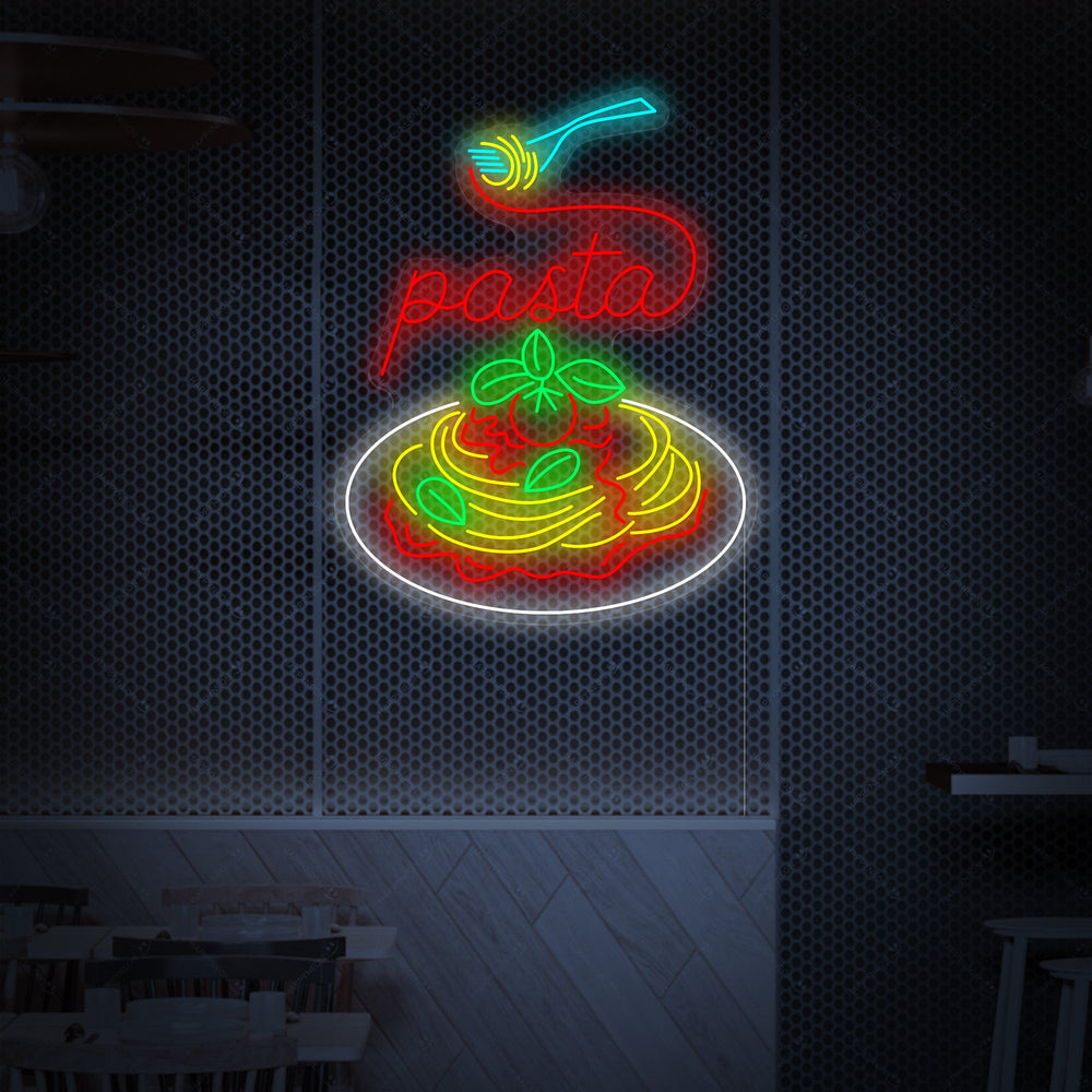 Graphic illustration of the 'Italian Pasta Dish' neon sign concept, showing a glowing bowl of spaghetti with a fork and steam on a dark background.