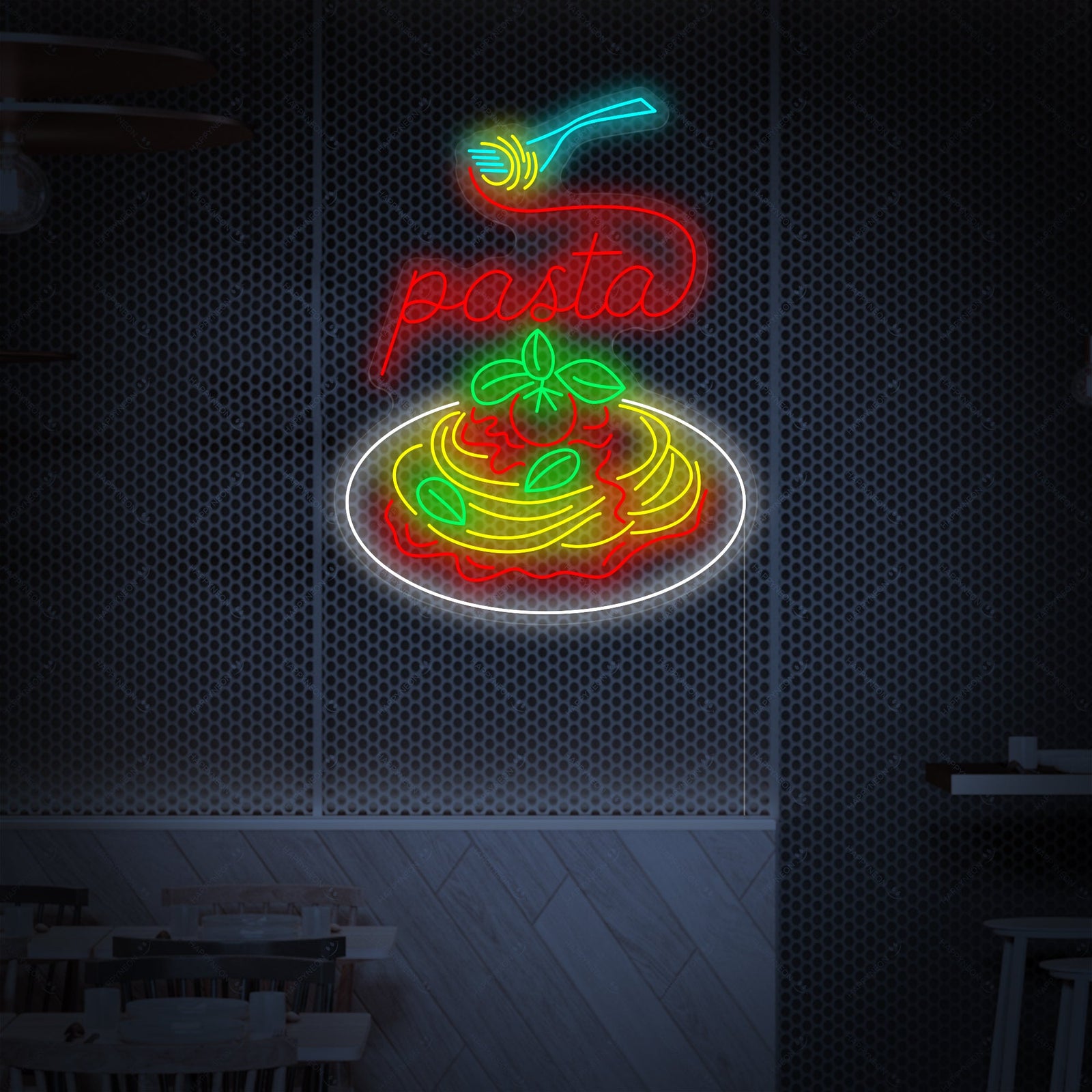 Graphic illustration of the 'Italian Pasta Dish' neon sign concept, showing a glowing bowl of spaghetti with a fork and steam on a dark background.