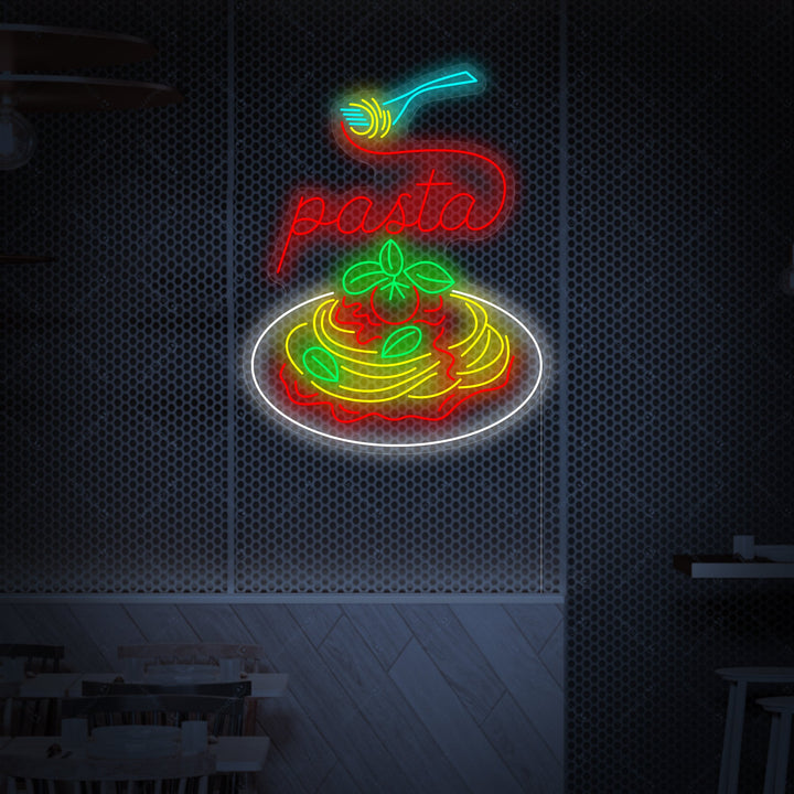 Graphic illustration of the 'Italian Pasta Dish' neon sign concept, showing a glowing bowl of spaghetti with a fork and steam on a dark background.